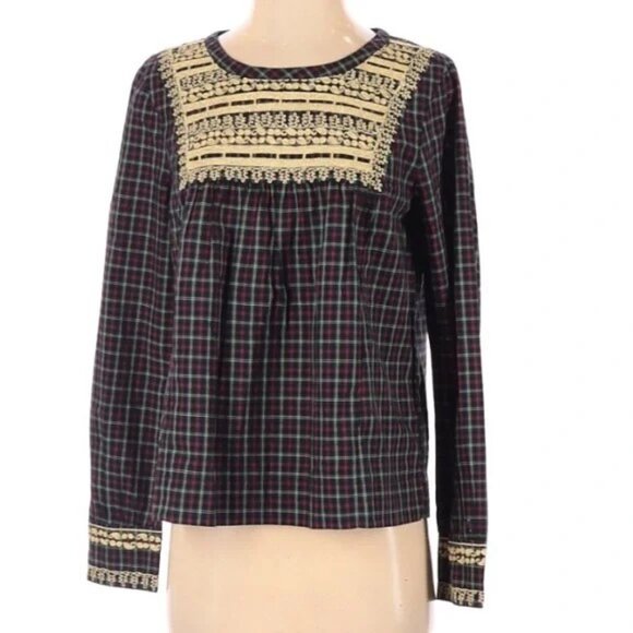 ⭐ J. Crew Plaid Peasant Popover Blouse size Small - Picture 3 of 16